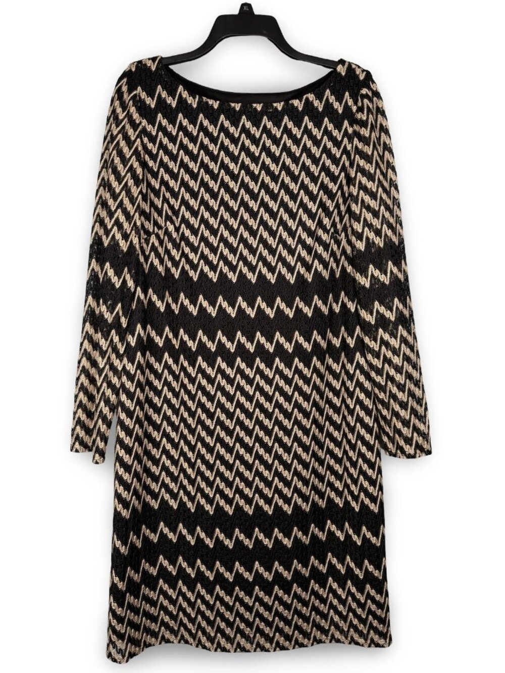 Jessica Howard Chevron Crochet Overlay Shift Dress Size 14 Tan Black Long Sleeve